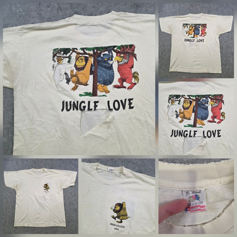 VTG 90s Where The Wild Things Are Union College T Shirt Men XL White Jungle Love